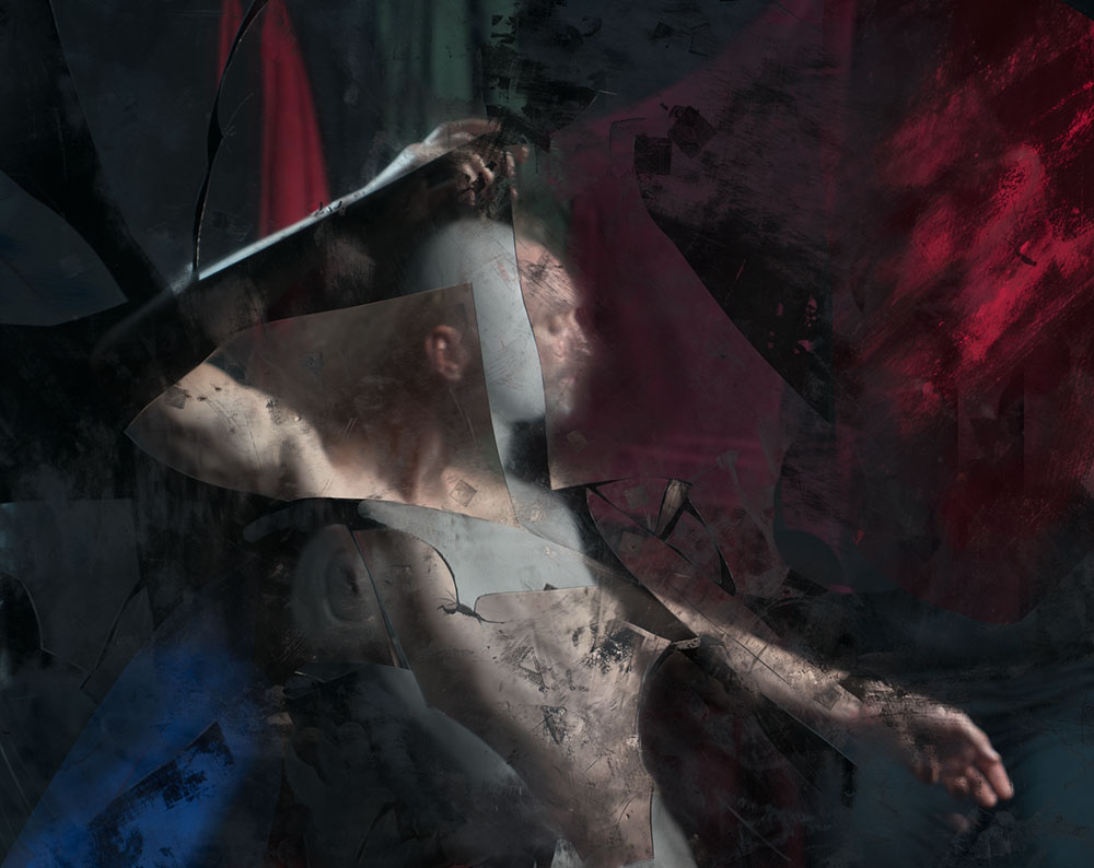  A male figure in full color, the appearance of cracks and scratches in the film, and beneath, a much blurrier stylized figure in black and white