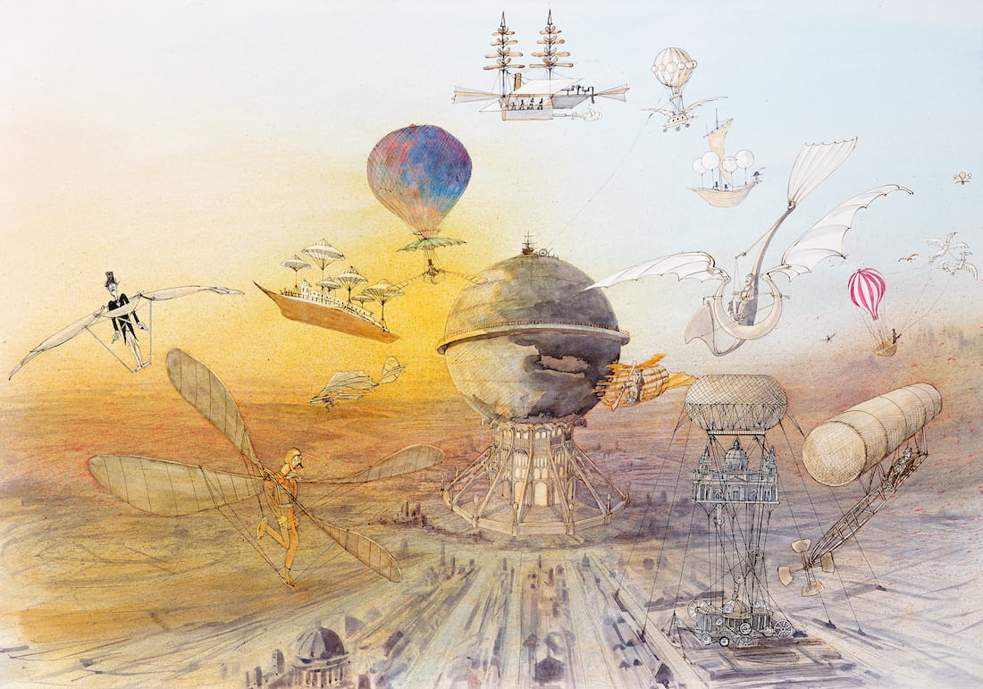 Whimsical flying ships, hot air balloons, flying houses, and people with mechanical wings convene around a large globe structure. 