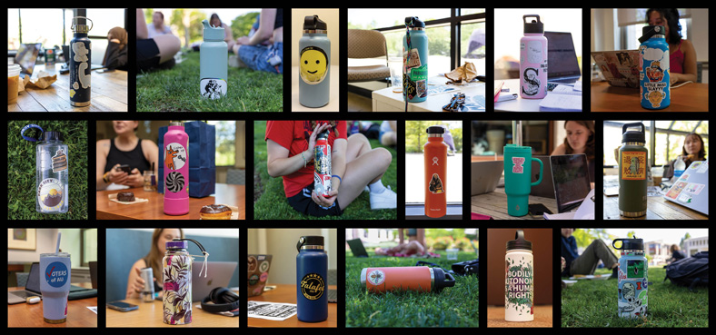 AU students' water bottles in a variety of colors featuring stickers