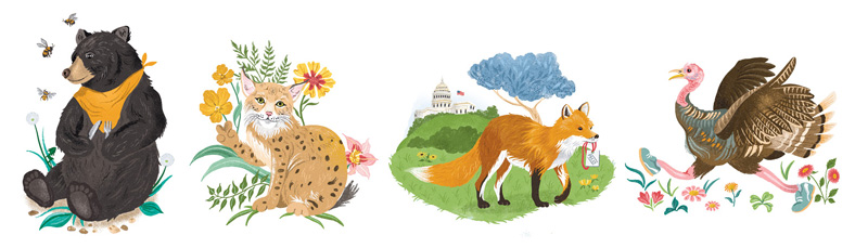 vignettes of a bear, bobcat, fox, and turkey