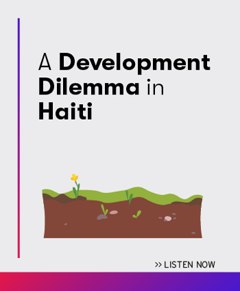 A patch of empty land with grass and some sprouting plants, with the episode title A Development Dilemma in Haiti.