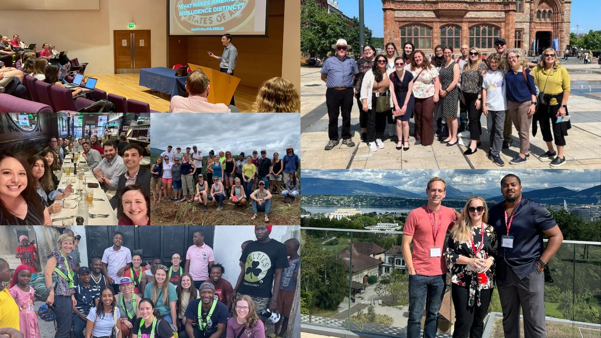 SIS summer programs photo collage: Cambridge, past summer practica and seminar groups, and the Geneva summer program