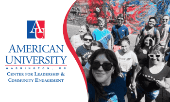 Center for Leadership and Community Engagement logo with a picture of students posing in front of mural.