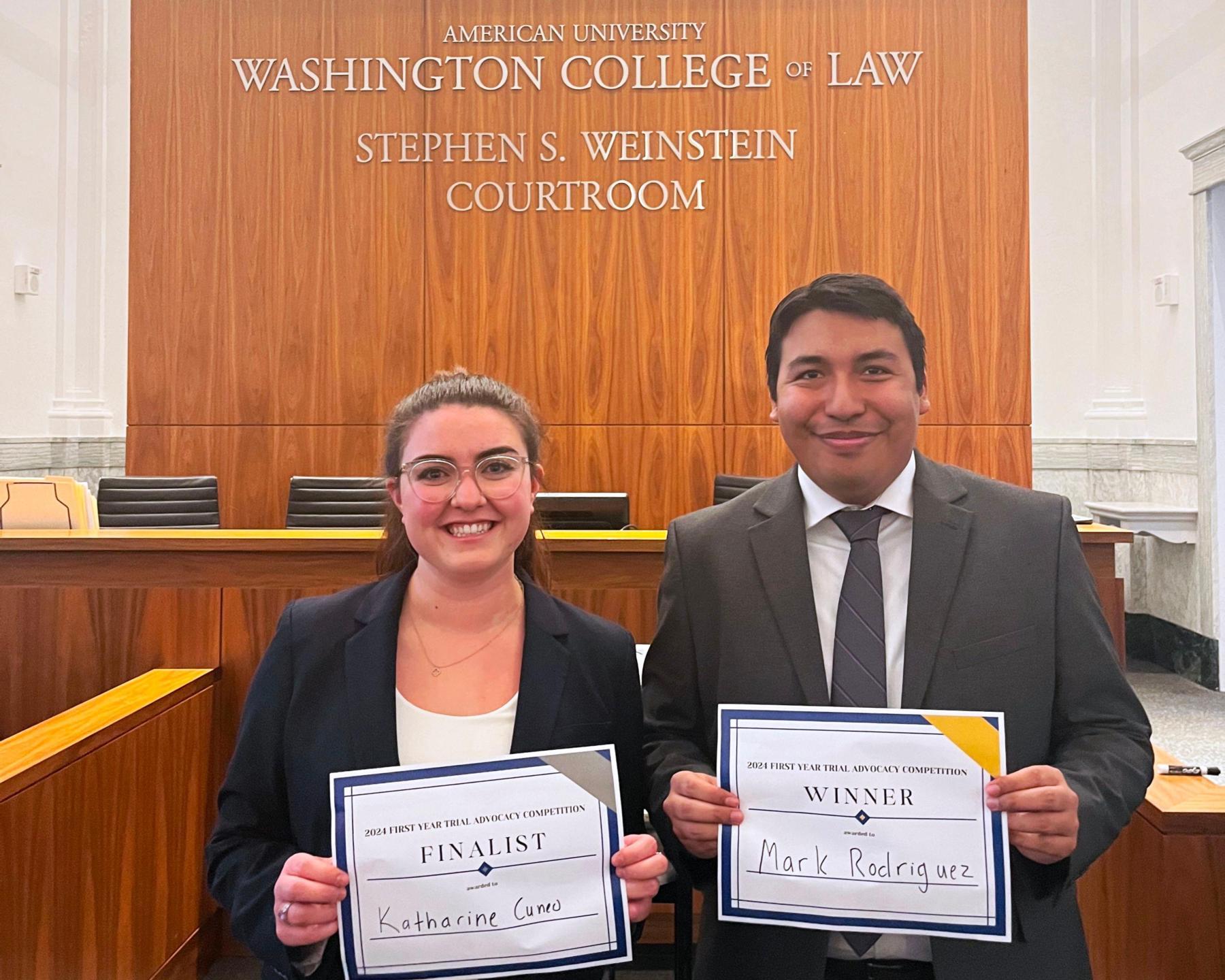 The 2024 First-Year Trial Advocacy Competition Winner Mark Rodriguez & Finalist Katharine Cuneo The 2024 First-Year Trial Advocacy Competition Winner Mark Rodriguez & Finalist Katharine Cuneo