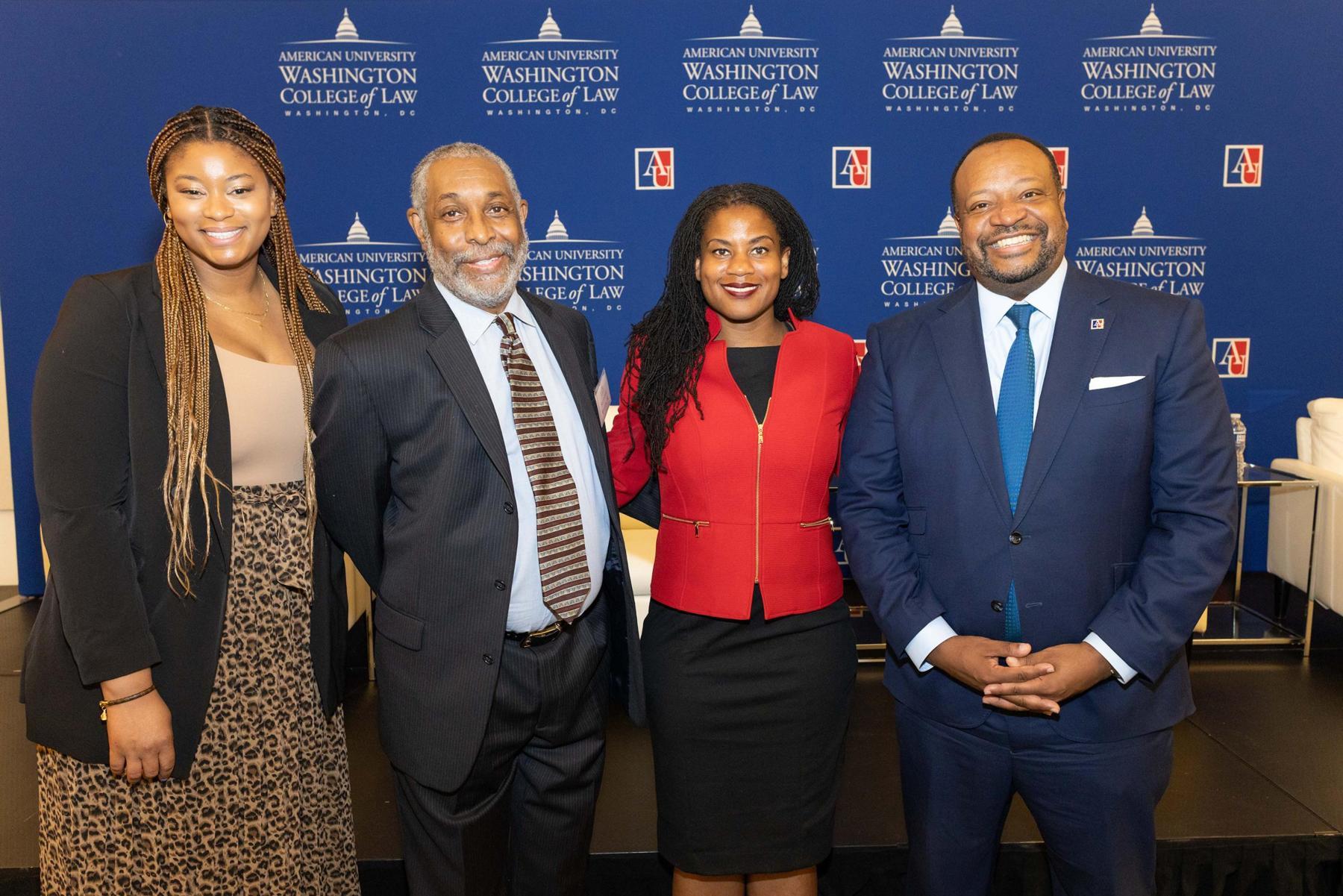 Left to right: Tanner Harris ’24, BLSA President, Sylvania Woods Jr., Senator Lydia Edwards ’06 and Dean Fairfax Left to right: Tanner Harris ’24, BLSA President, Sylvania Woods Jr., Senator Lydia Edwards ’06 and Dean Fairfax