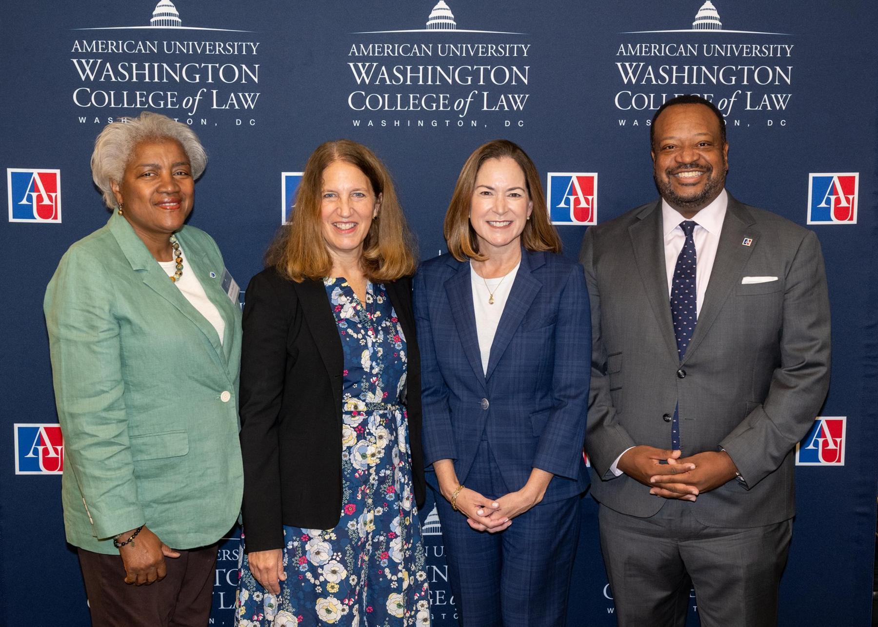 Fulbright Foreign Scholarship Board Chair Donna Brazile, AU Pres. Sylvia Burwell, Asst Sec. of State Lee Satterfield and AUWCL Dean Roger Fairfax Fulbright Foreign Scholarship Board Chair Donna Brazile, AU Pres. Sylvia Burwell, Asst Sec. of State Lee Satterfield and AUWCL Dean Roger Fairfax