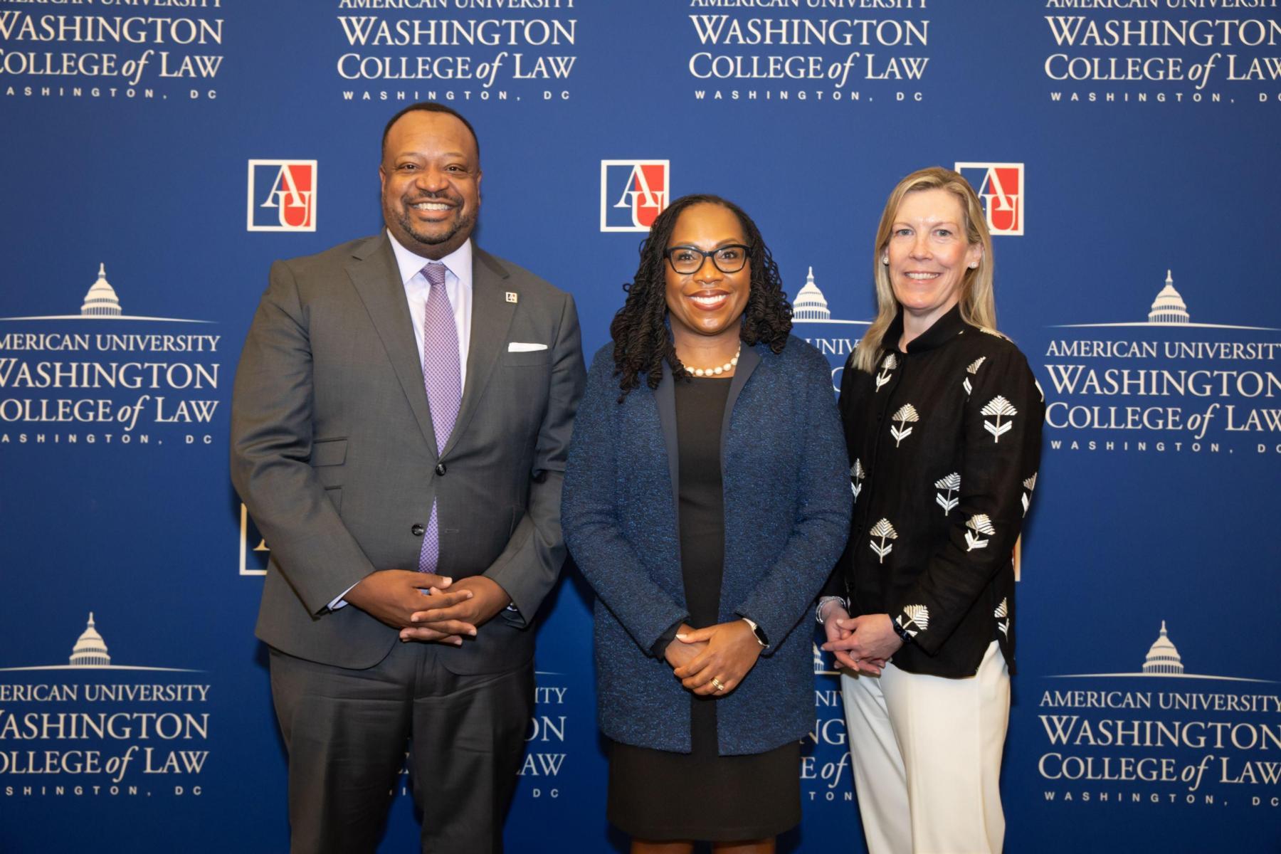 Dean Roger A. Fairfax (left), Senior Associate Dean Heather Hughes and Supreme Court Justice Ketanji Brown Jackson Dean Roger A. Fairfax (left), Senior Associate Dean Heather Hughes and Supreme Court Justice Ketanji Brown Jackson