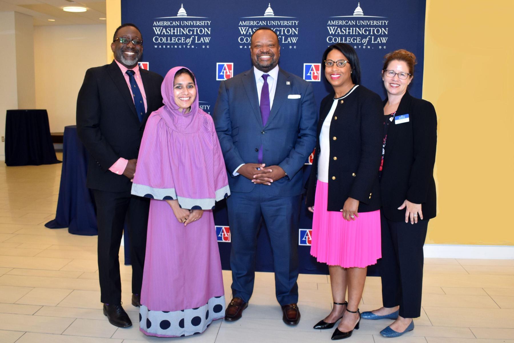 Judge Zubari Williams '03 (left), Fatema Merchant '08 (second from left), Dean Roger A. Fairfax Jr. (middle), Erica Gerson '04 (second from right), and Jamie Abrams '02 (right) Judge Zubari Williams '03 (left), Fatema Merchant '08 (second from left), Dean Roger A. Fairfax Jr. (middle), Erica Gerson '04 (second from right), and Jamie Abrams '02 (right)